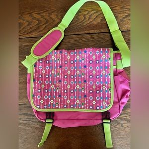 Hanna Anderson girl’s messenger/over the shoulder/book bag.  Pink/green&pattern